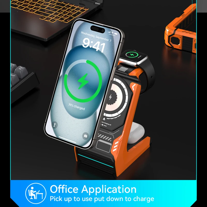 MagSafe-Soporte de teléfono multifunción con carga inalámbrica, 3 en 1, para iPhone, teléfono inteligente, compatible con Air Pods, estilo Apple iWatch Mecha - imagen 3