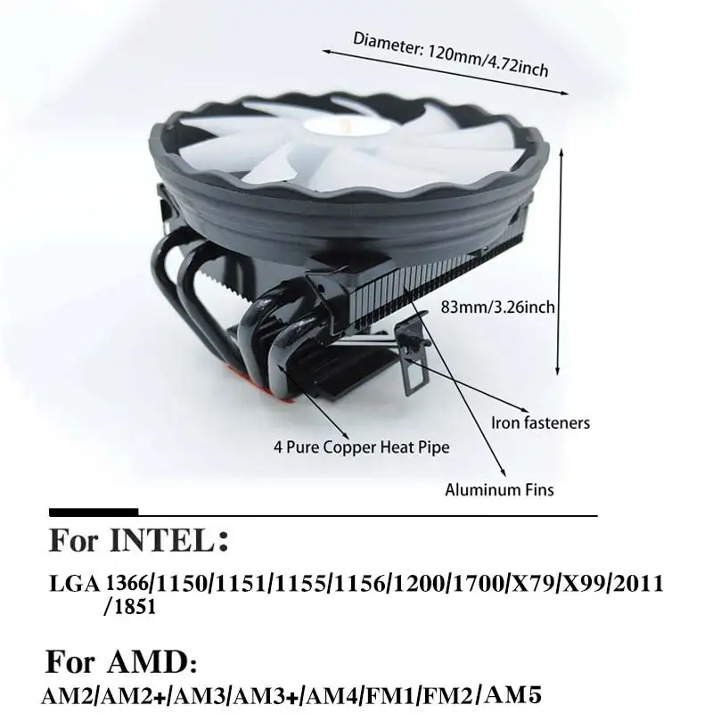 Enfriador de aire de CPU de 120MM, ventilador de radiador de procesador de PC sin luz PWM de 4 pines para Intel 2011 X79 X99 1700 1366 115X 1200 - imagen 3