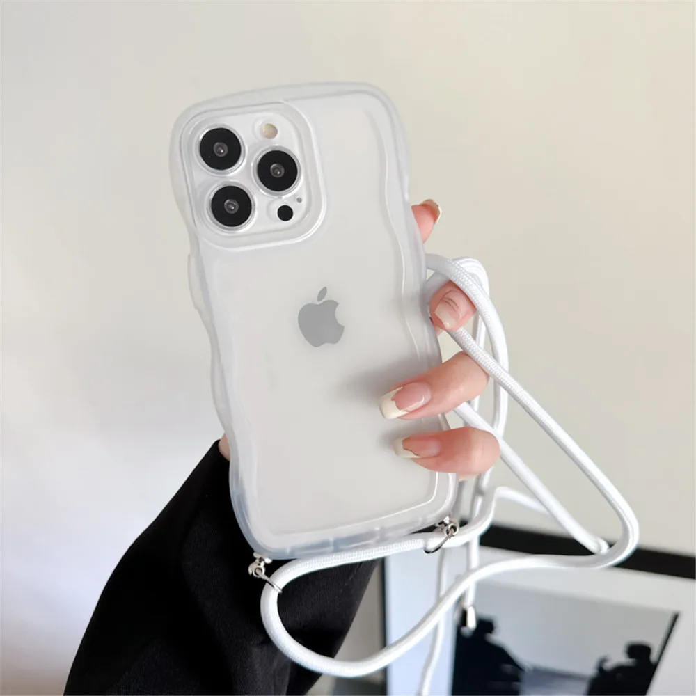 Lujosa funda de teléfono con correa, carcasa de silicona transparente con cordón y cadena de onda rizada para Samsung S22 Ultra S21FE S20FE S20 S21 Plus - imagen 4