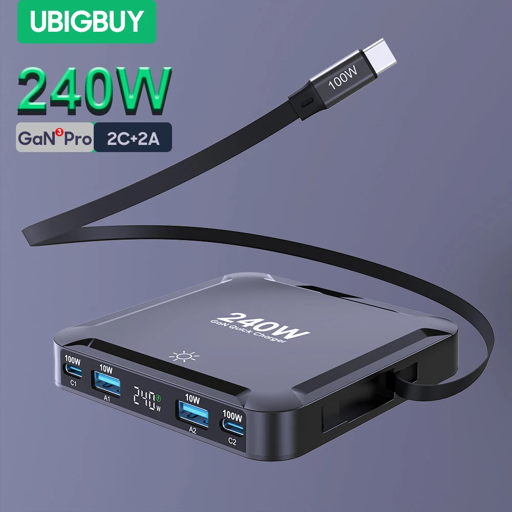 Ubigbuy-cargador GaN de 240W, estación de carga rápida con pantalla Digital, Cable retráctil USB C de 100W para iPhone 17, Samsung, MacBook