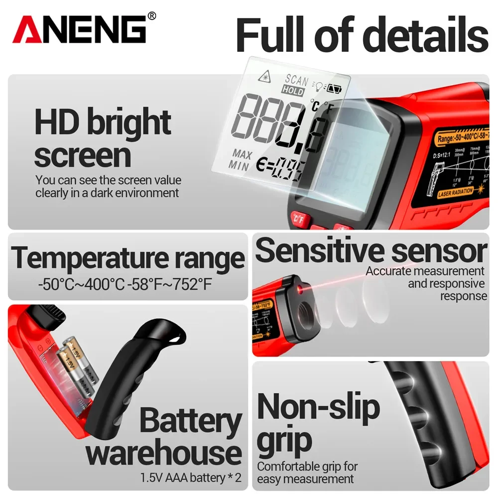 ANENG TH109 Termómetro láser rojo Ratio de distancia de objeto 12:1 Medidor de temperatura sin contacto -50 ~ 400 ℃    Probador de pirómetros Higrómetro - imagen 5