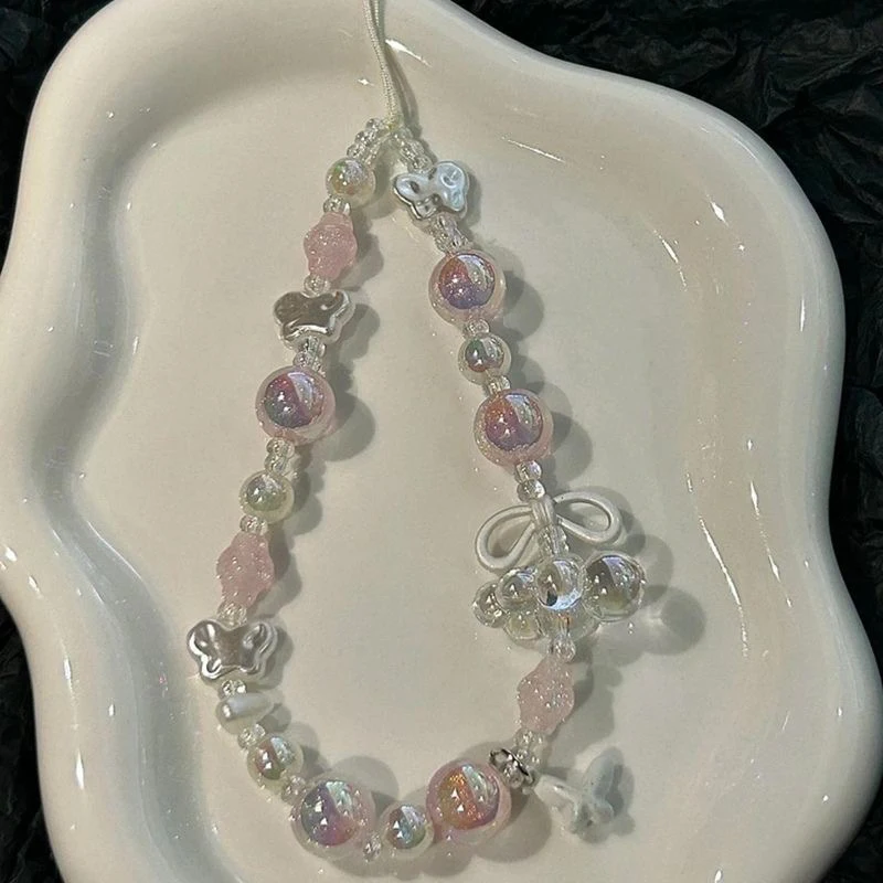 LLavero de cuentas de estrella de plata Y2K, dijes para teléfono, cordón de mariposa bonito, colgante de correa para teléfono móvil para mujer, accesorios para teléfono móvil