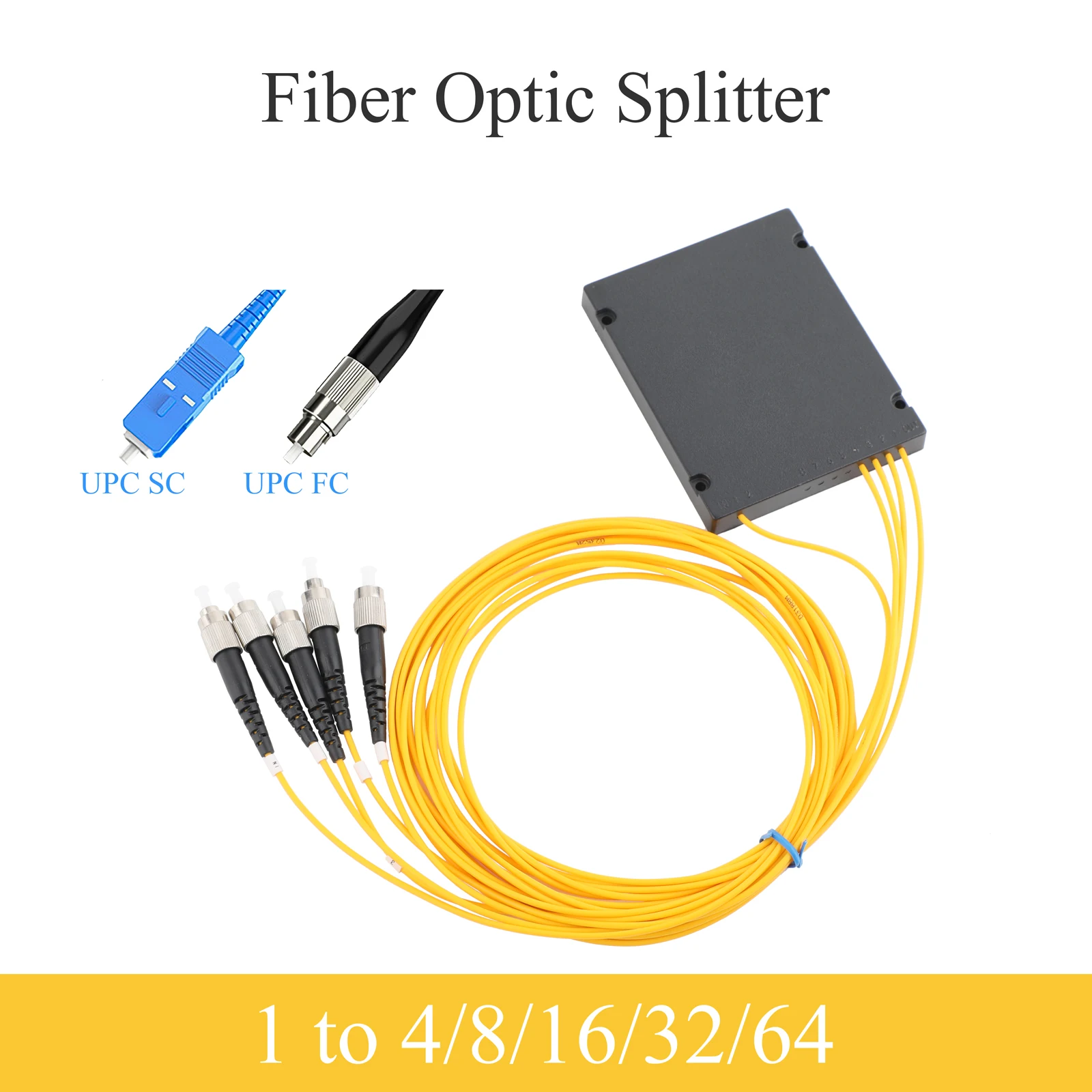 Paquete de caja de baja pérdida 1x4/8/16/32/64, divisor de fibra óptica monomodo 1310-1550nm SC/UPC FC/UPC conector 2M para FTTH y LAN