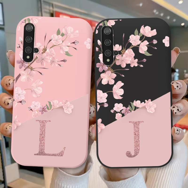 Funda de silicona con letra inicial para Huawei Nova 5T, carcasa trasera de TPU suave con flor rosa Retro para Huawei Nova5T Capa, bonita Coque