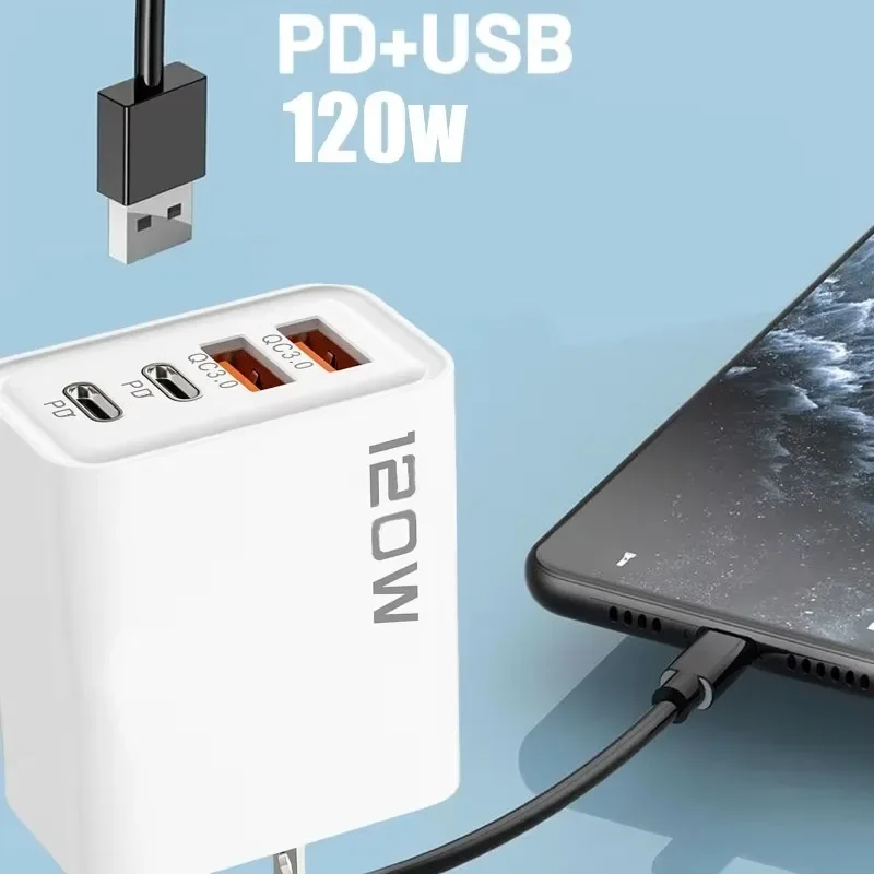 Cargador USB tipo C de 120W y 4 puertos, Cable de datos de carga rápida para teléfono, adaptador de cargador de pared USB para Samsung, iPhone, Xiaomi y Huawei - imagen 5
