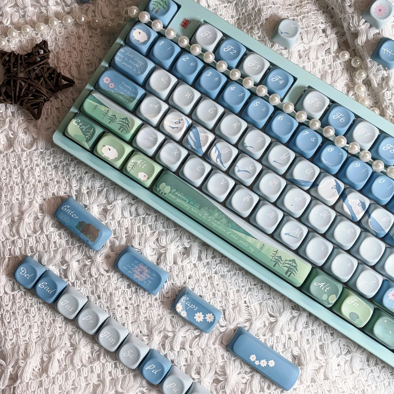 Teclas con tema de montaña azul, perfil PBT Dye MOA, tapa de teclado para juegos personalizada para teclado mecánico, regalos Kawaii de dibujos animados - imagen 5