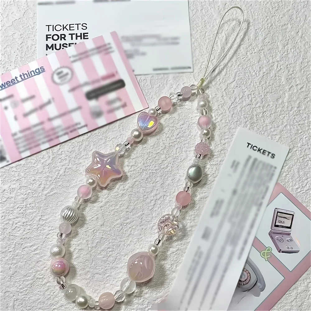 Cordón coreano dulce y bonito con cuentas de corazón y estrella rosa para teléfono, cordón con abalorio para iPhone, Samsung, joyería Universal antipérdida para colgar