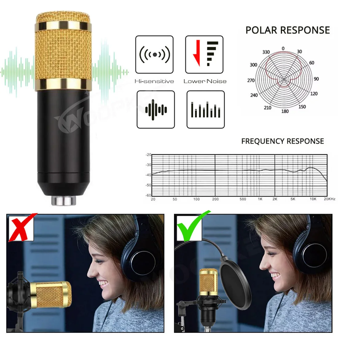 Woopker-micrófono condensador profesional BM 800, Kit de micrófono con soporte antigolpes y trípode, juego BM800 para grabación de estudio y transmisión - imagen 2
