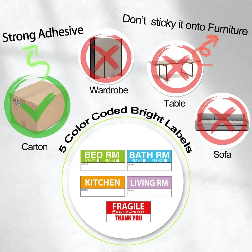 Etiquetas adhesivas desmontables para caja móvil, pegatinas pesadas y delicadas, impermeables, codificadas por colores, para embalaje del hogar, 50 hojas - imagen 5