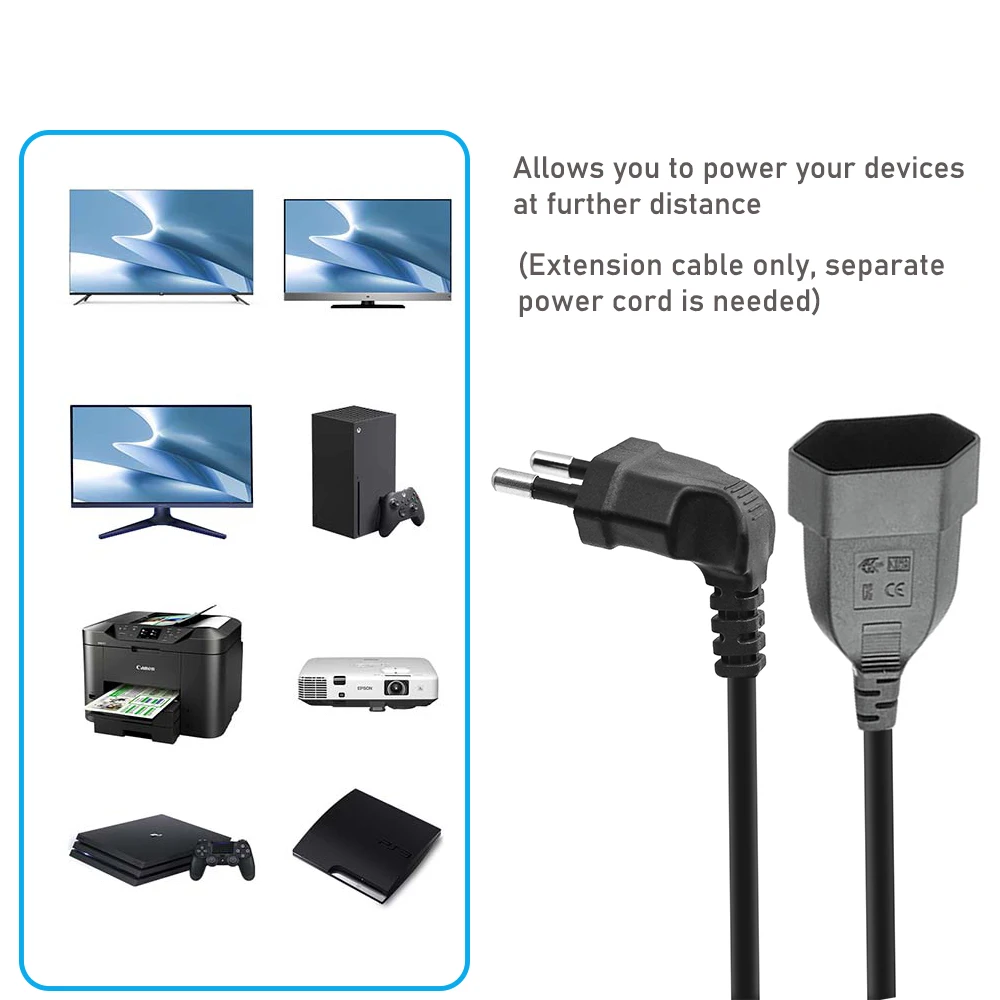Cable de extensión de alimentación europeo en ángulo, 2 clavijas macho a hembra, extensor de puerto de ahorro de toma de corriente de la UE - imagen 2