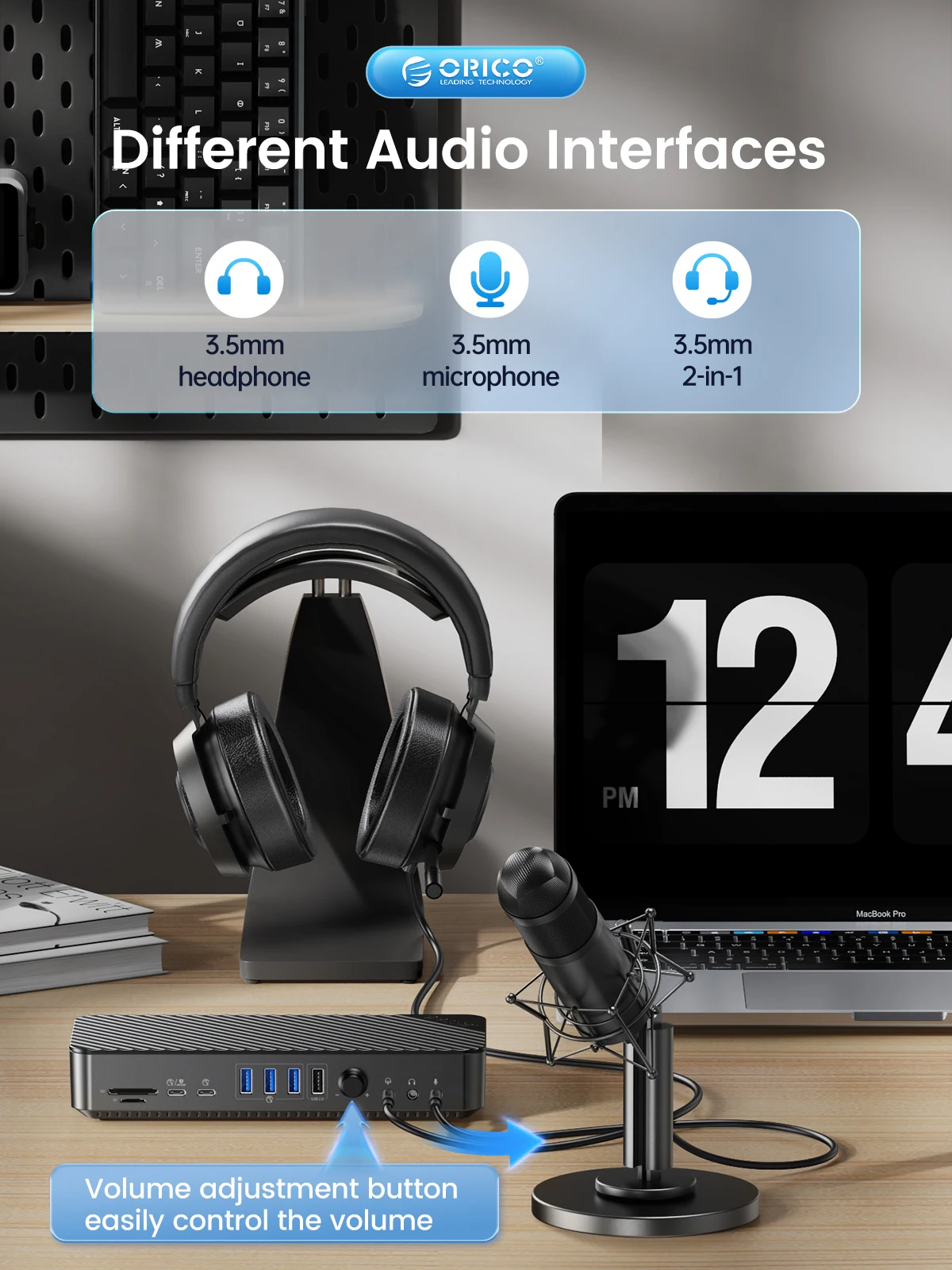 ORICO-estación de acoplamiento steam deck 19 en 1 para escritorio, concentrador tipo C a 4K, HDMI-Com, VGA, 3,5mm, Audio, RJ45, PD, USB 3,0, con ajuste de volumen - imagen 3