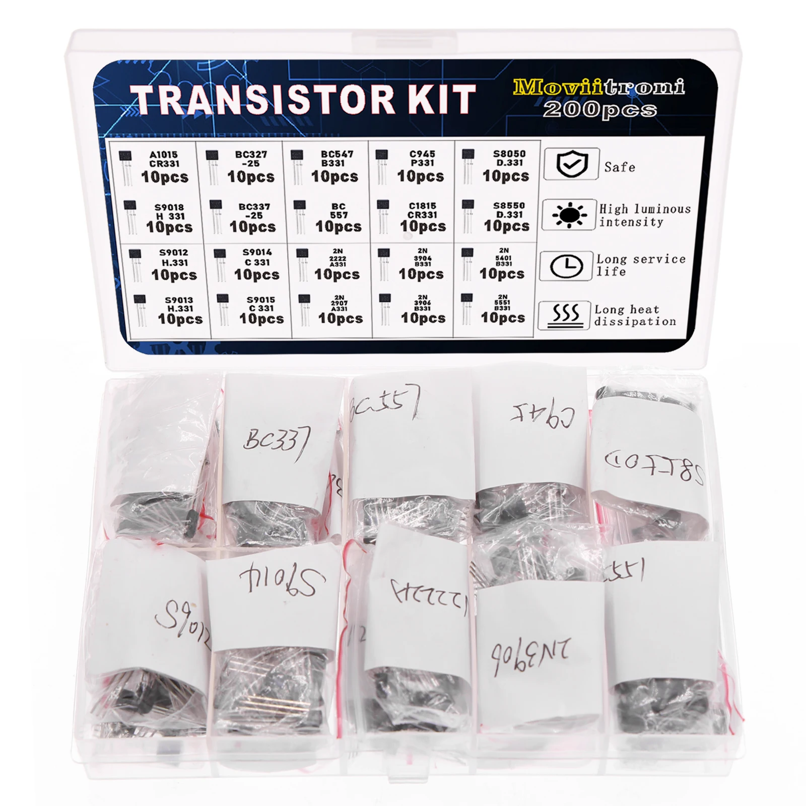 200 Uds Kit de transistores BJT 10 valores A1015 BC327 BC337 C1815 S8050 S8850 2N2222 2N2907 PNP NPN Transi de potencia bipolar - imagen 2