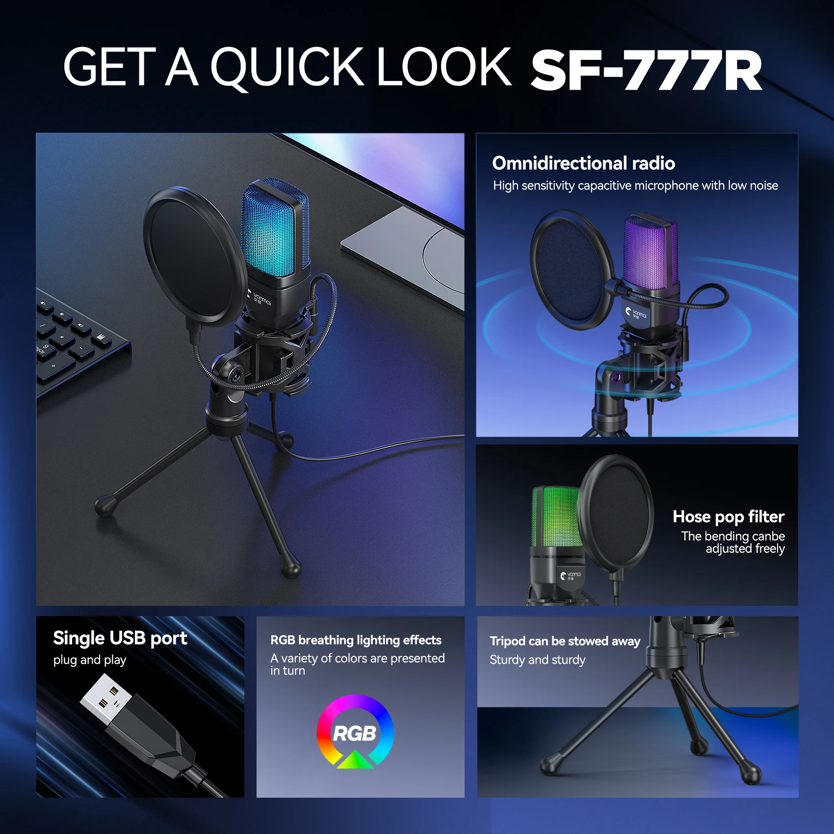 Micrófono de escritorio para ordenador condensador RGB para juegos, juego de comercio exterior transfronterizo - imagen 3