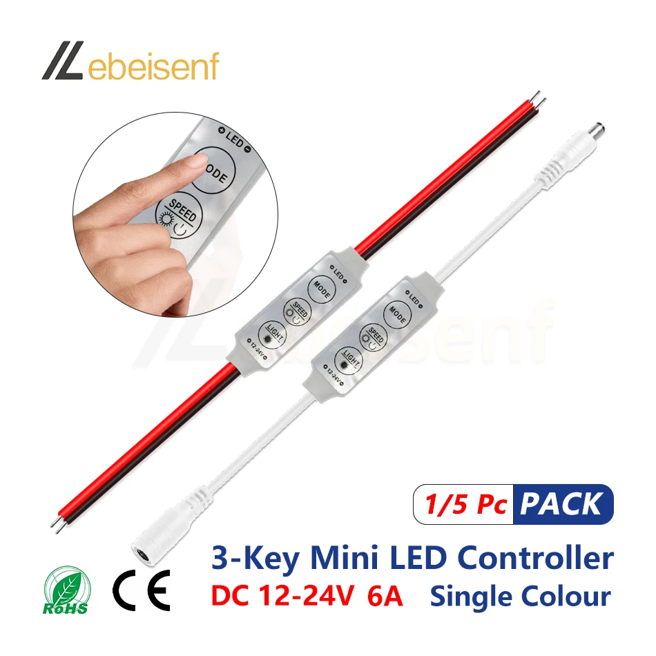 Mini controlador LED DC 12V 24V 6A 3 teclas atenuador de un solo Color para tira de luces 3528 5050 Control de atenuación de brillo - imagen 2