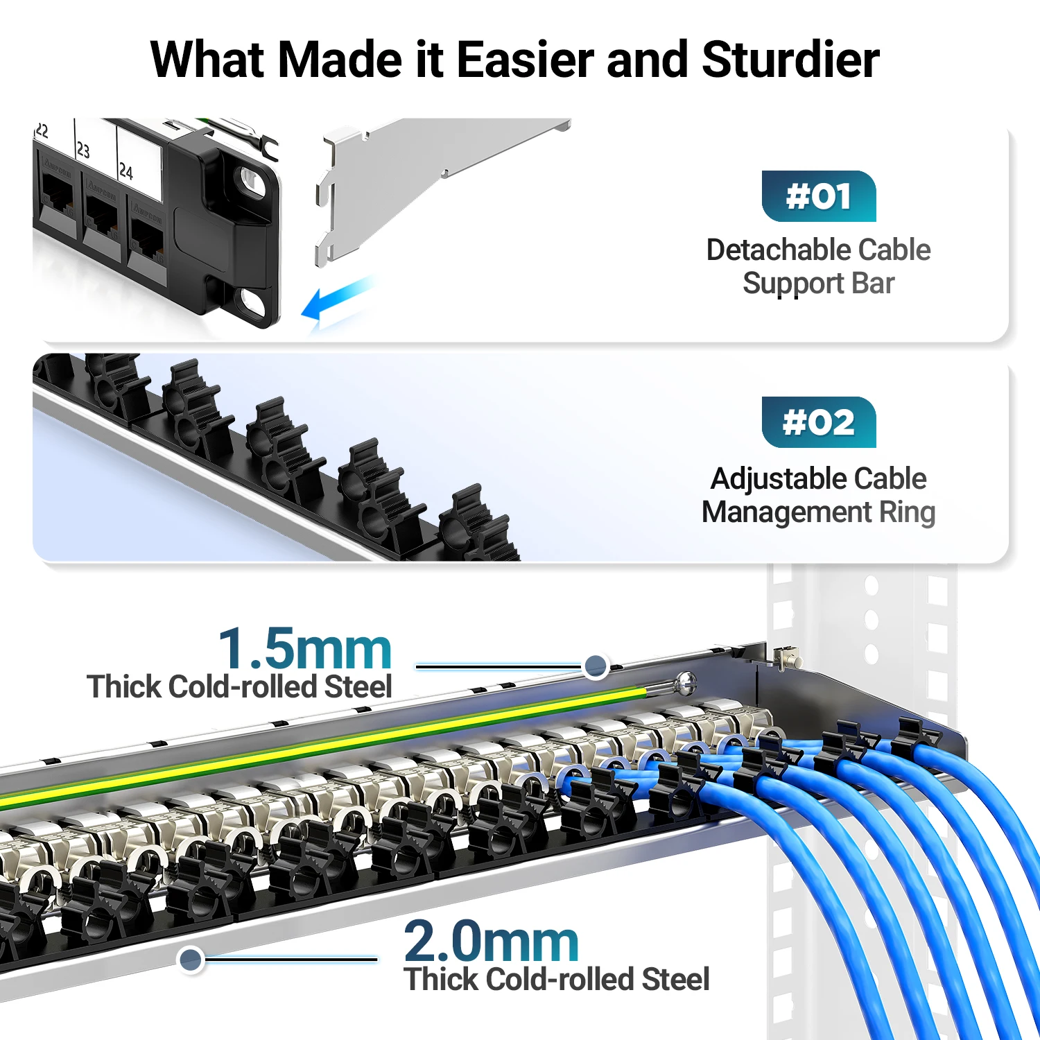 AMPCOM 1U Panel de conexión Keystone STP de 24 puertos, montado en rack con conector Keystone CAT8/7A/7/6A/6 sin herramientas, barra de gestión de cables trasera - imagen 5