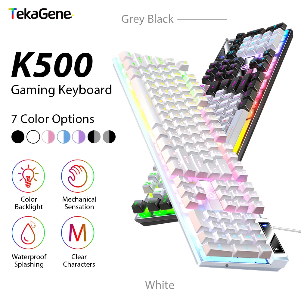 Teclado mecánico K500 para juegos, teclado de oficina para ordenador Windows e IOS, portátil, PC, teclados de membrana con cable de 104 teclas