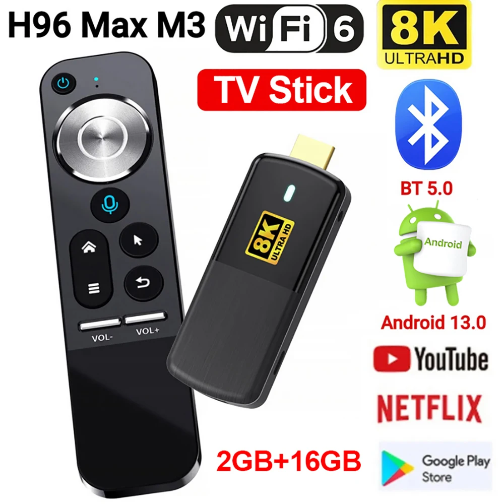 H96 Max M3 Smart TV Stick 8K Android 13 WIFI6 Control de voz Android compatible con HDMI TV Box 2GB 16GB OTA Bluetooth reproductor multimedia - imagen 2