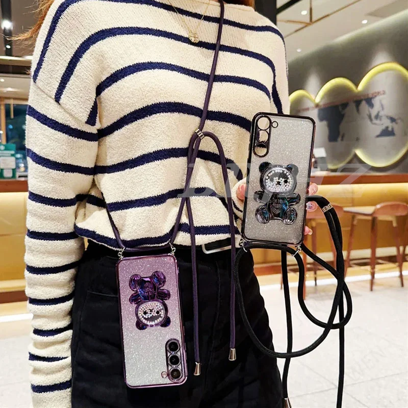 Funda de teléfono con purpurina y cordón con soporte de oso de arena movediza para Xiaomi Mi Poco X6 X3 X5 M6 M5 M5S M4 M3 F5 Pro F3 F4 GT, funda trasera con soporte - imagen 4