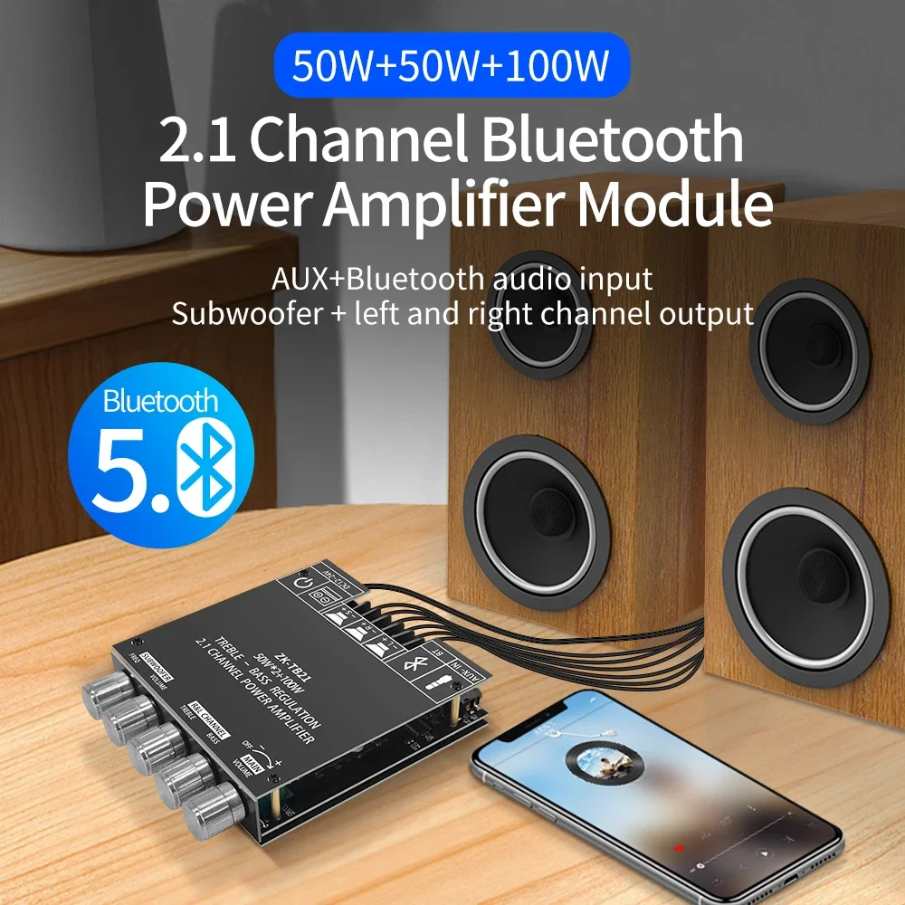 Placa amplificadora para subwoofer ZK-TB21, compatible con Bluetooth 5,0, 50W x 2 + 100W, potencia de 2,1 canales, Audio, estéreo, amplificador de graves TPA3116D2 - imagen 2