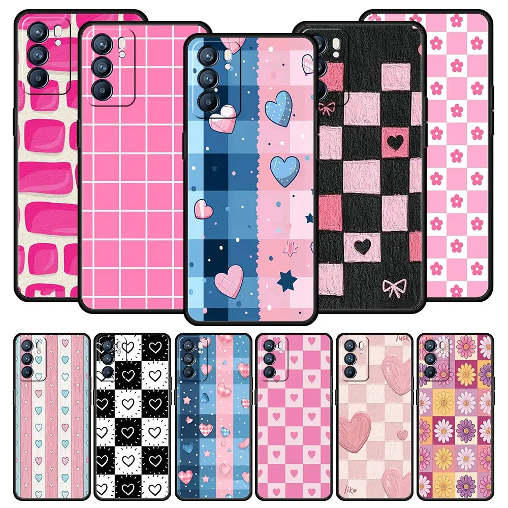 Funda de teléfono con rejilla rosa para Oppo Reno14 Reno13 Reno12 11 F 10 Find X5 X9 Pro A54 5G A53 A52 A9 A16 A74 A78 4G A79 A80 A98