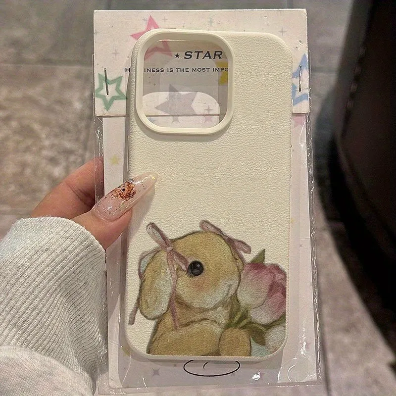 Funda de teléfono con textura de lichi y tulipán, conejo bonito, para iPhone 11, 12, 13, 14, 15, 16, 17 Pro Max Plus 17 Air X XS XR 16E