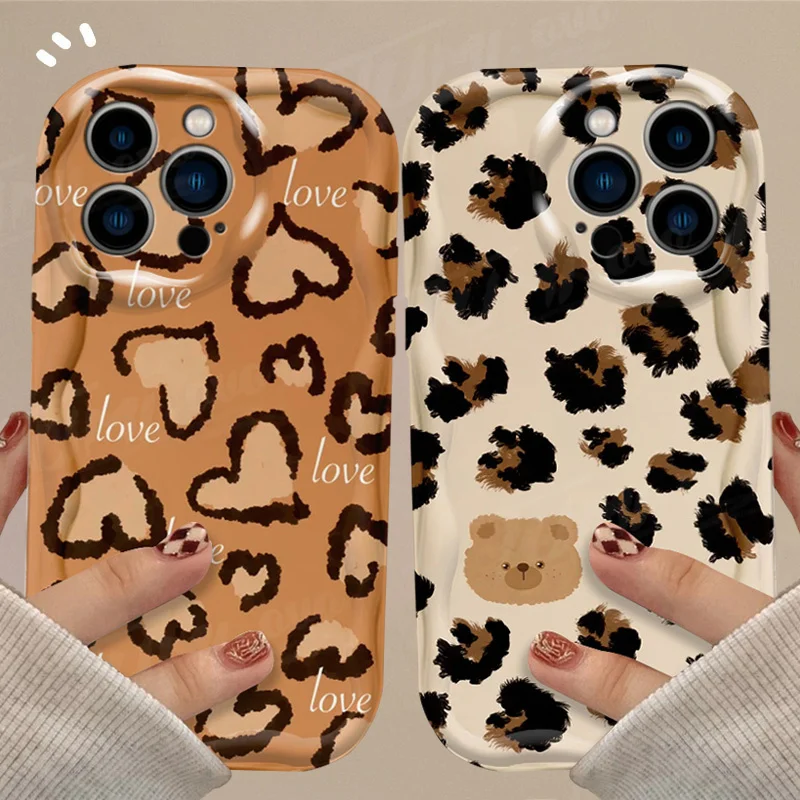Funda de silicona a prueba de golpes para iPhone, carcasa con estampado de leopardo, corazón de amor, onda 3D, 15, 14, 13, 12, 11 Pro Max, X, XR, XS, 8, 7, 6, 6S Plus, SE, 2020