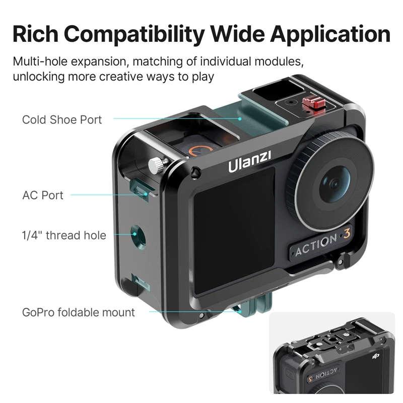 Jaula de metal Ulanzi para DJI OSMO ACTION 5 4 3 de liberación rápida para soporte plegable GoPro con zapata fría funda de marco protector completo - imagen 4
