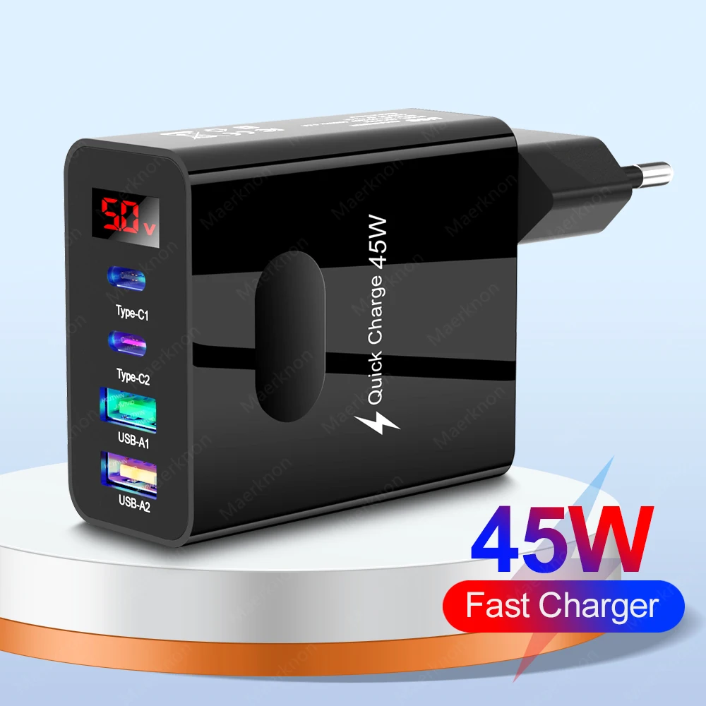 Cargador USB de 45W, 4 puertos tipo C, carga rápida, cargador de pared con pantalla Digital para iPhone, Samsung, Xiaomi, Huawei, adaptador de cargador de teléfono