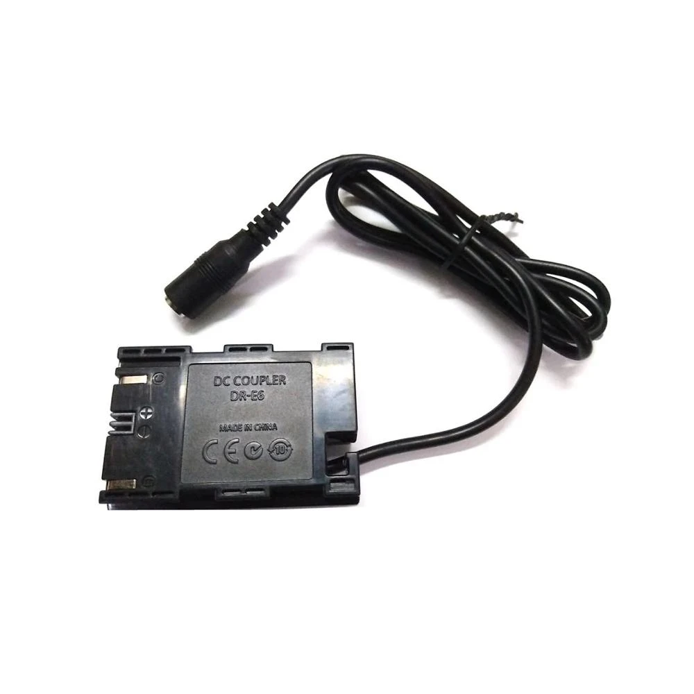 DR-E6 acoplador CC decodificado completo LP-E6 adaptador de corriente de batería simulada para Canon EOS 5D 5D2 5D3 6D 7D 60D 60D 70D 80D 5DS 5DSR R5 R6 - imagen 3