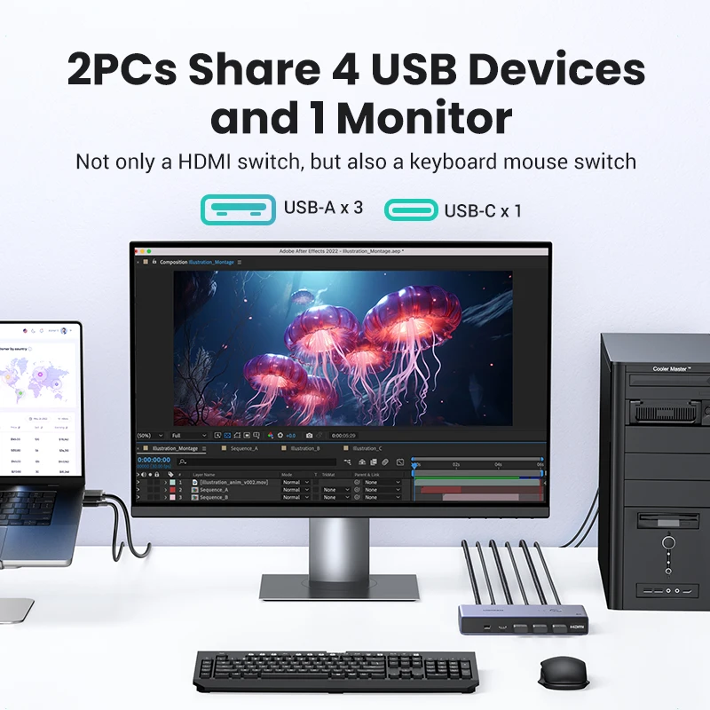 UGREEN-conmutador KVM 8K 60Hz HDMI, USB C, USB 3,0, 2 piezas, compartir 1 Monitor, impresora, teclado, ratón, 3D ,HDR Vision - imagen 2