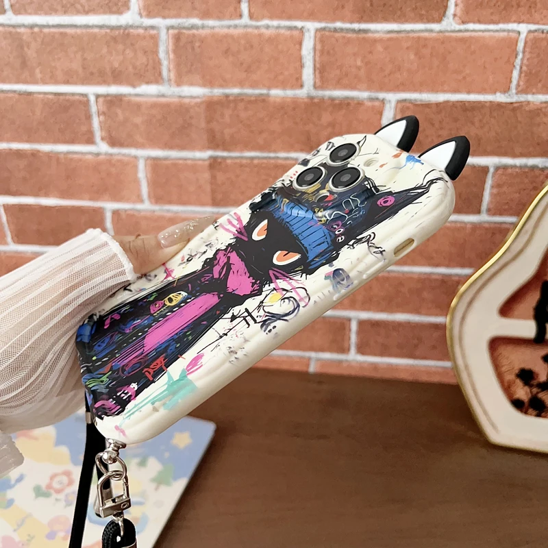 Para iPhone 16 15 14 13 12 11 Pro Xs Max Xs XR 7 8 6 Plus e SE 2020 2022 oreja graffiti gato onda caso con cuerda de soporte - imagen 5