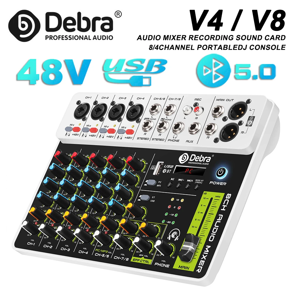 Mezclador de interfaz de Audio Debra V8, Bluetooth 5,0, alimentación fantasma para banda de escenario de estudio de computadora con efectos de reproducción de retardo - imagen 2