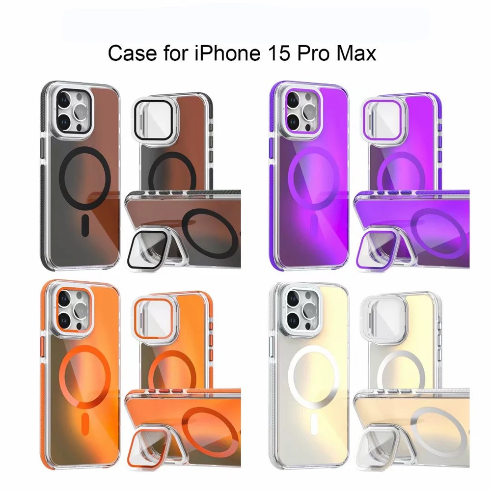 Funda de teléfono magnética con gradiente láser para iPhone, cubierta de carga inalámbrica Magsafe, soporte plegable para lente, 16, 15, 14, 13, 12, 11 Pro Max - imagen 3