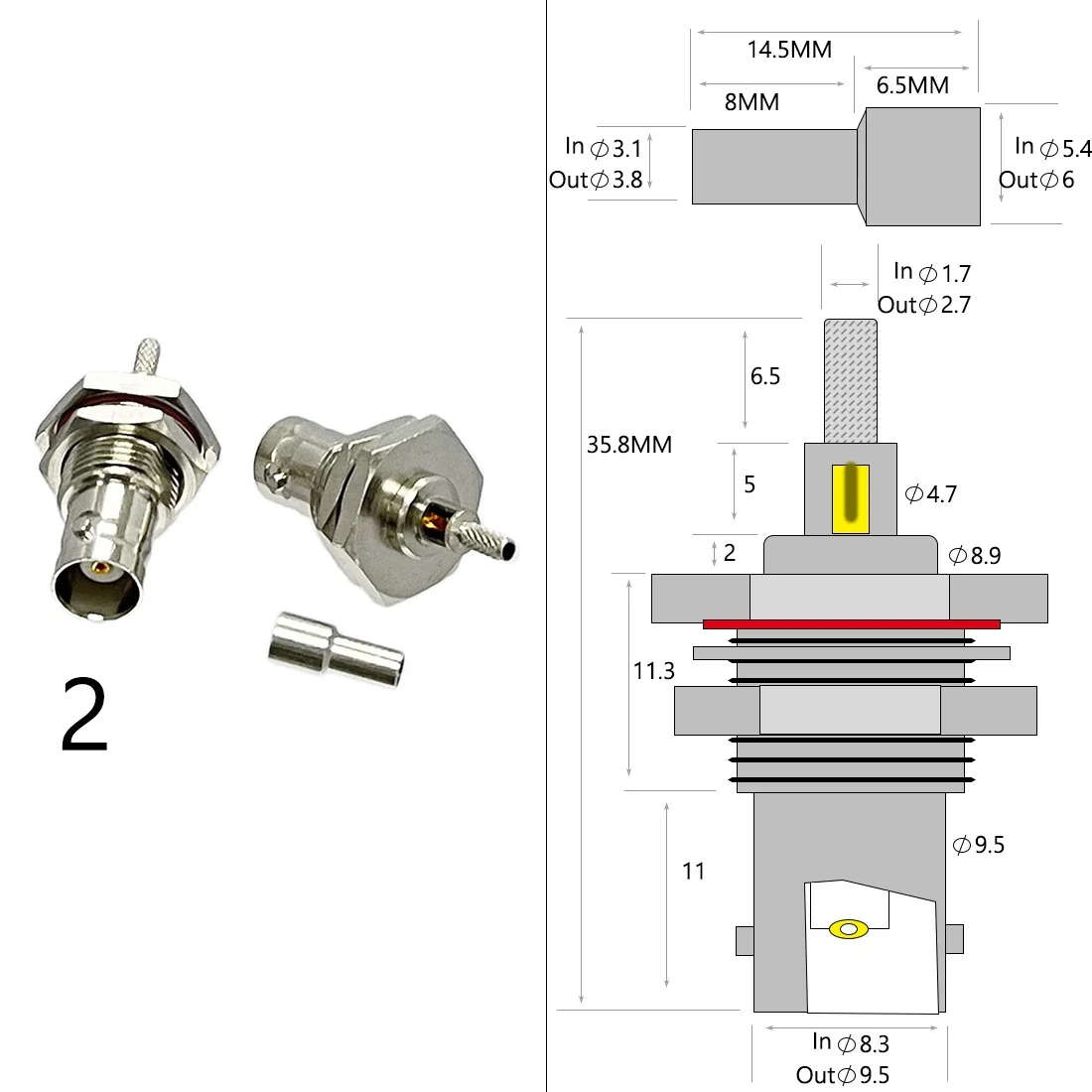 Conector coaxial BNC macho hembra Jack RF engarzado para Cable RG316 RG174 RG58 RG142 cobre niquelado con dibujo nuevo - imagen 3