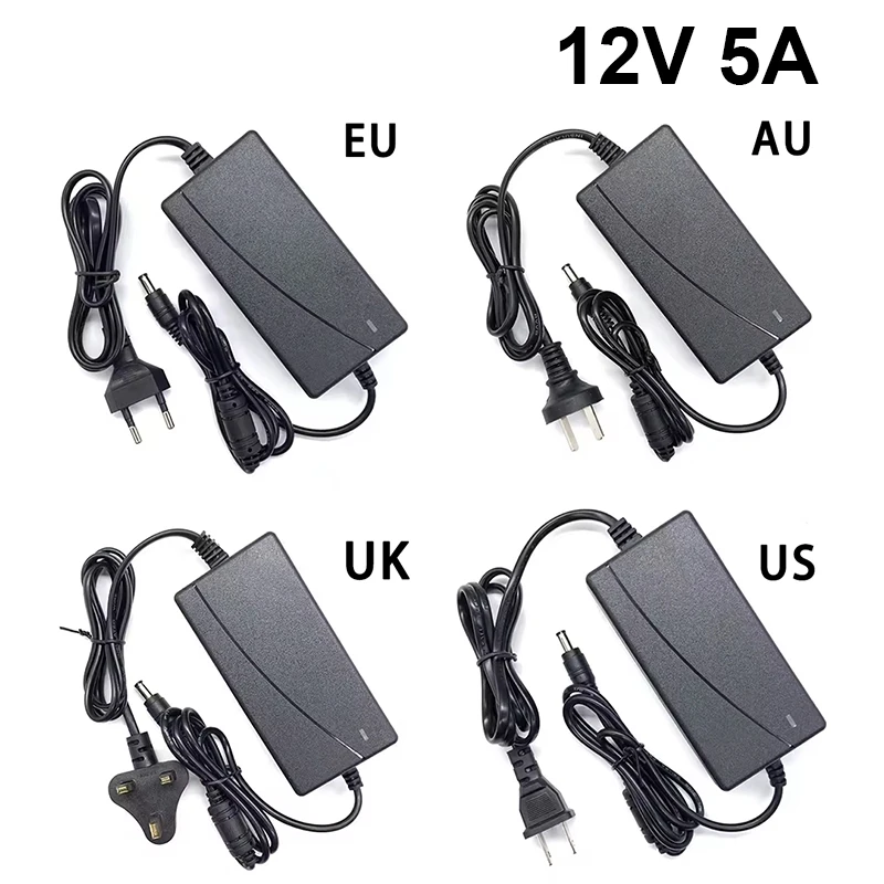 Adaptador de 12V 5A, convertidor de fuente de alimentación, cargador, entrada UE EE. UU., 110V, 220V, salida, transformador de luz de tira LED de 12V