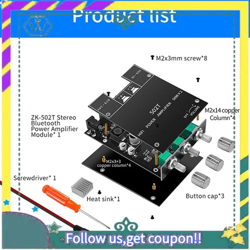 Módulo de audio A28Q-ZK-502T Módulo de audio Bluetooth 5.0 50Wx2 Módulo de amplificador auxiliar digital de potencia inalámbrica Bajo y agudo - imagen 2
