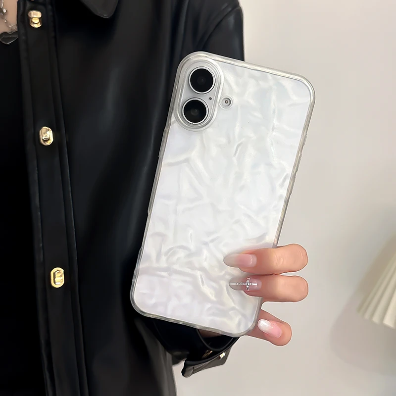 Funda trasera suave con textura doblada de color blanco perla Ins para iPhone 11 12 13 14 15 16 Pro Max 16 Plus - imagen 3