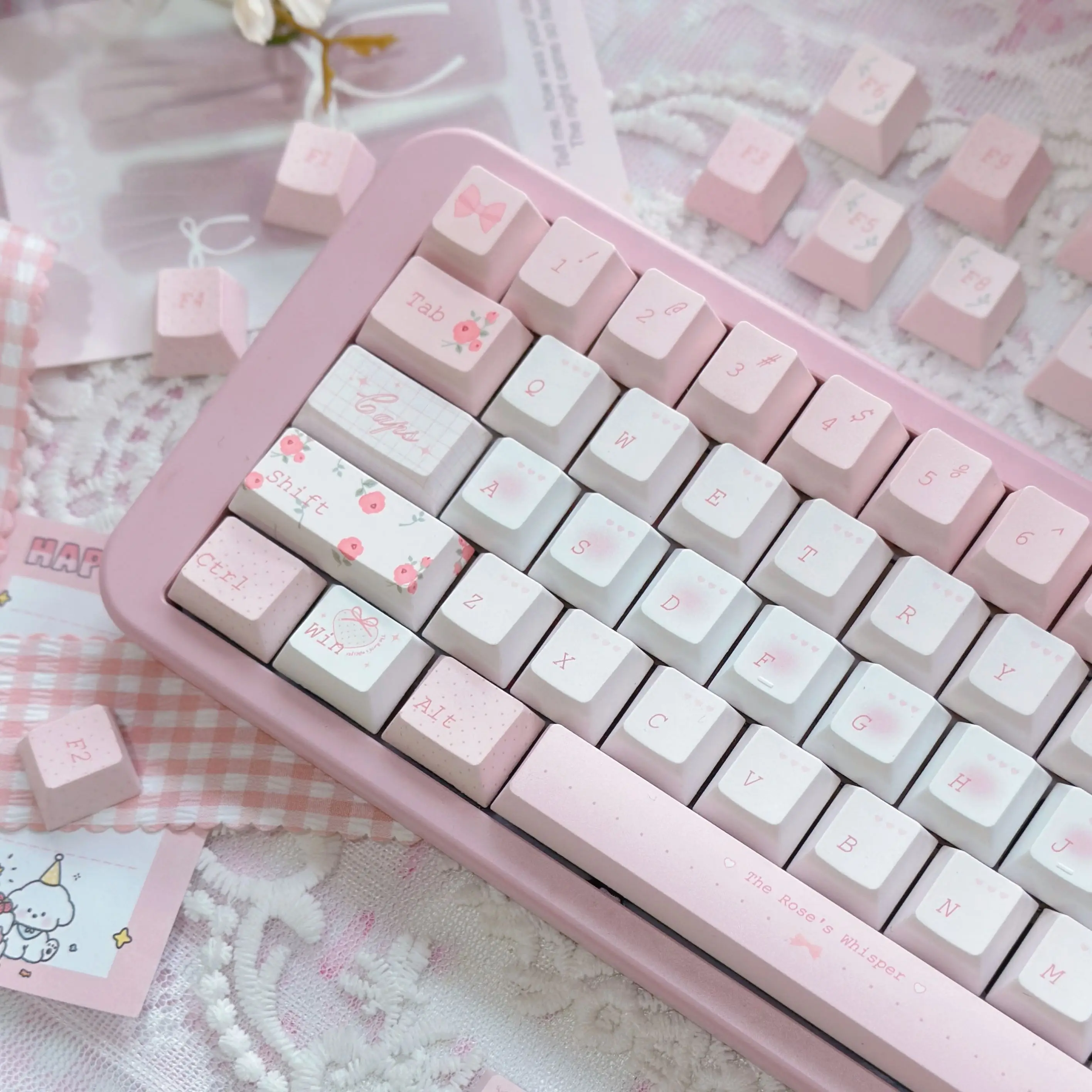 Rose Whisper-teclas rosas de sublimación de cinco caras Cherry Pbt, bonita personalidad adaptada a teclas de teclado mecánico Aula F75/F99 - imagen 5