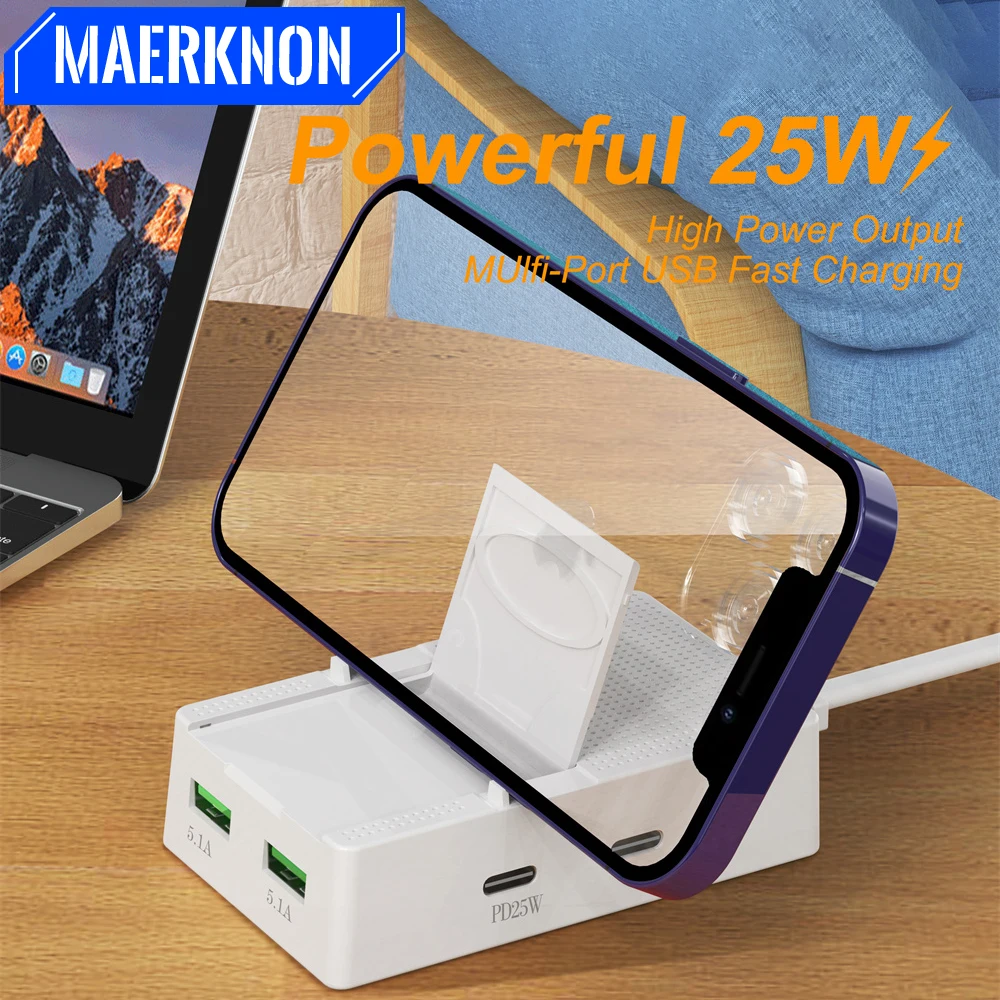 Cargador USB multipuerto de 25W PD tipo C, carga rápida, enchufe UE EE. UU., cargador de pared con soporte para teléfono, adaptador de teléfono de carga rápida de 4 puertos