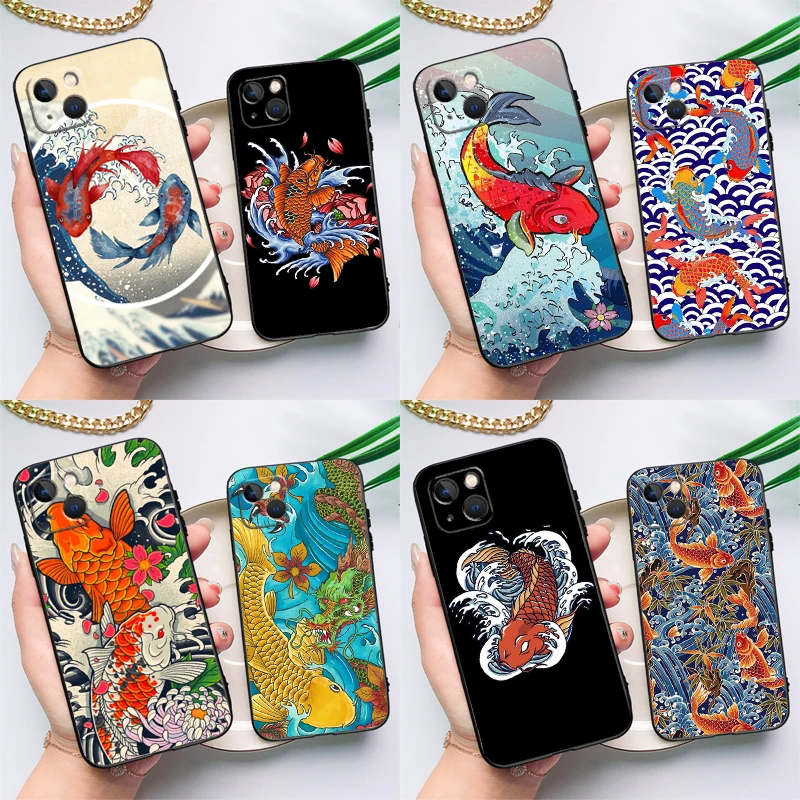 Tatuaje japonés Koi Dragon Wave funda de silicona para iPhone 17 15 14 13 12 11 Pro Max 16 Plus 12 13 Mini 16e 17 Air contraportada
