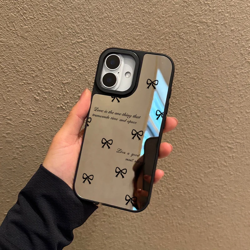 Funda para iPhone 11 12 13 14 15 16 Pro Max Plus Series Funda de teléfono con espejo de tpu transparente con patrón de lazo negro - imagen 4