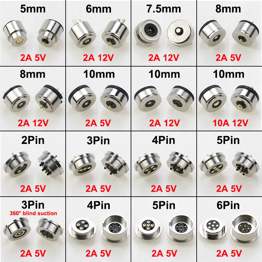 Conectores de enchufe de carga de energía, forma de circuito Pogo magnético, 2, 3, 4, 5, 6 pines, sonda macho y hembra, 5V, 12V, 2A, 10A, CC