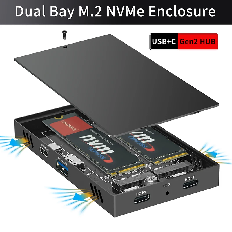 Compatible con cuatro discos duros, carcasa SSD NVME M.2 de doble bahía para SSD NVME 2230 2242 2260 2280 con USB3.2 GEN2 10G + concentrador tipo C de 10Gbps - imagen 2
