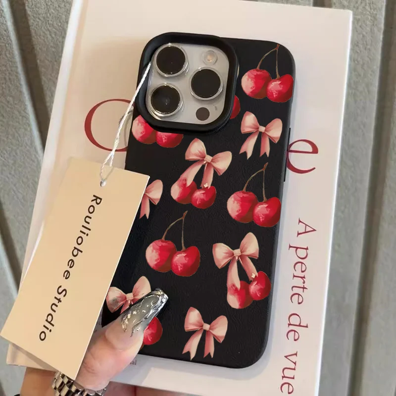 Funda mate esmerilada con diseño de lazo de cereza para iPhone 16, funda de silicona suave de TPU para iPhone 15 Pro Max 14 Plus 13 12 11 XS X XR 16E