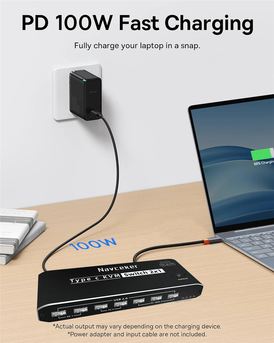 Navceker 2x2 4K 60Hz Thunderbolt 4 USB C KVM Switch Monitor dual RJ45 100W PD carga tipo C KVM Switcher para 2 portátiles 2 monitores - imagen 5