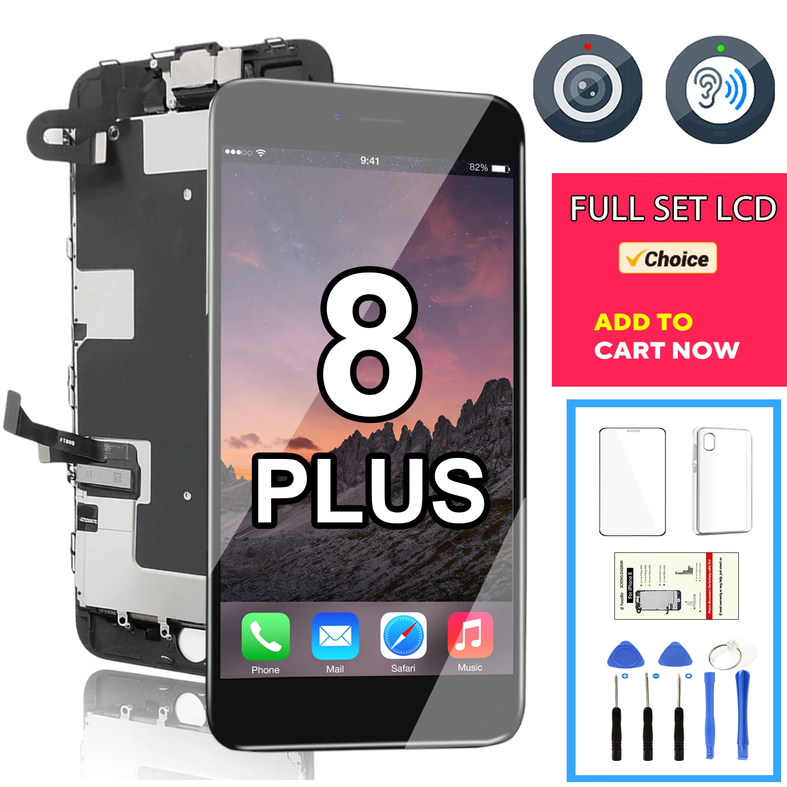 Pantalla LCD para iPhone 8 Plus 8P 8Plus, conjunto completo de pantalla, Kit de repuesto, montaje completo, digitalizador táctil, cámara y altavoz A1864 - imagen 2
