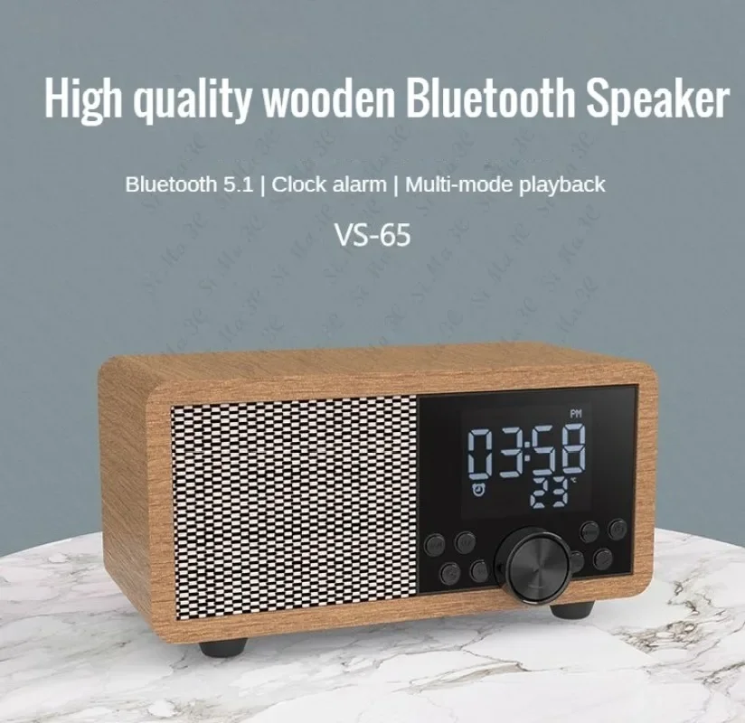 Altavoz despertador con Radio FM de madera, reloj de mesita de noche, Subwoofer, Altavoz Bluetooth inalámbrico portátil con modo EQ, temperatura ajustable