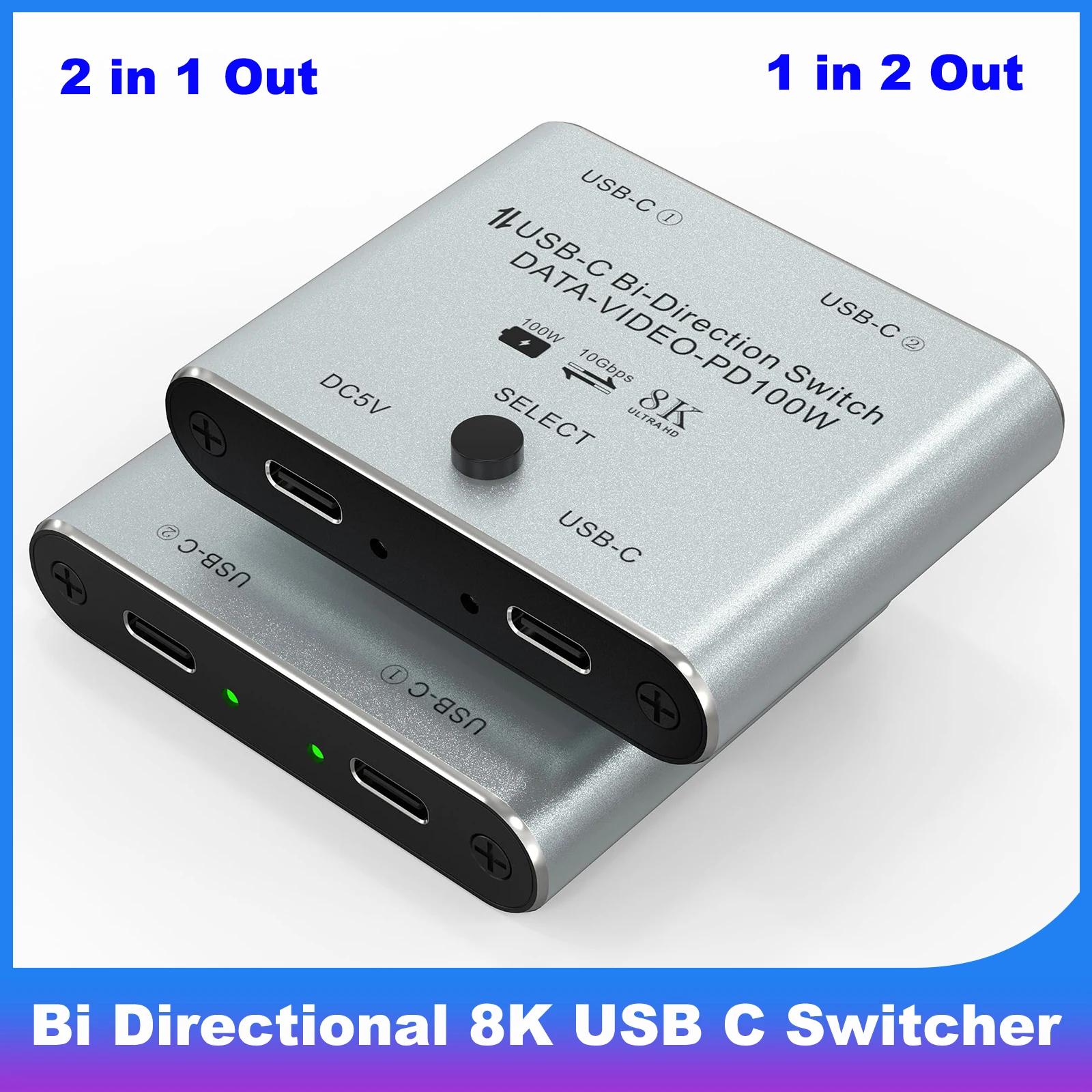Divisor de interruptor KVM USB C bidireccional 8K 2 en 1 salida para transferencia de vídeo 8K@60Hz/4K@120Hz + carga de 100W + datos de 10Gbps - imagen 2