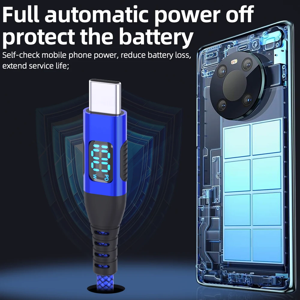 Cable de carga rápida PD trenzado de nailon, 60W, 100W, tipo C a USB C, con pantalla LED, para teléfono, Huawei, Xiaomi, Samsung, 1M, 2M, 3M - imagen 3