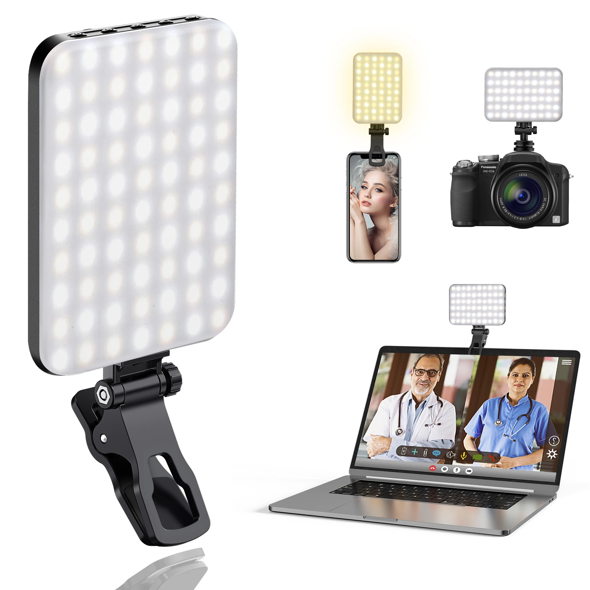 Luz LED para selfies, 60 luces de vídeo recargables de alta potencia con Clip para teléfono iPad con Clip frontal y trasero, 3 modos de luz ajustados